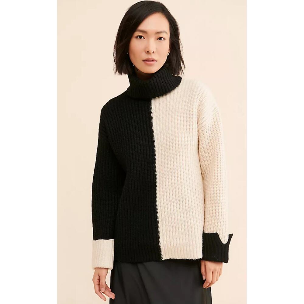 Anthropologie 4th & Reckless Colorblock Roll Neck Sweater Cream Black  Small